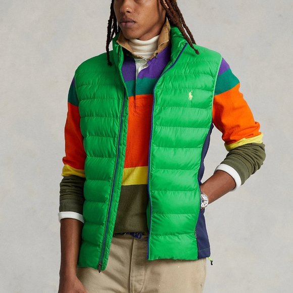 NWT POLO RALPH LAUREN MEN'S PACKABLE DOWN VEST‎ NEON GREEN NAVY BLUE $240 - Picture 1 of 9